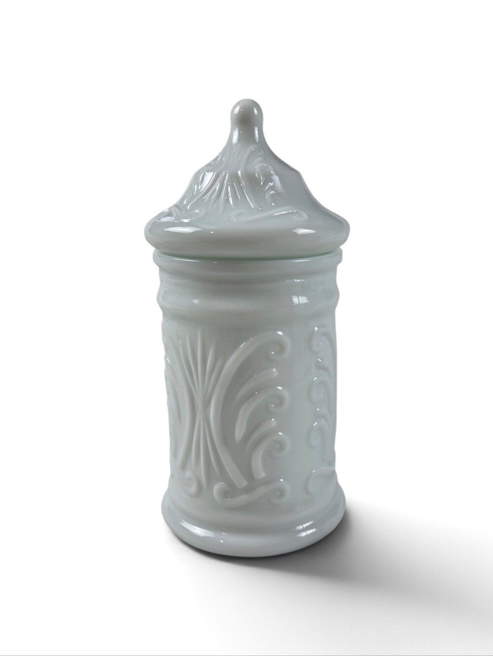 Vintage Ornate Milk Glass Apothecary Jar with Lid 7"